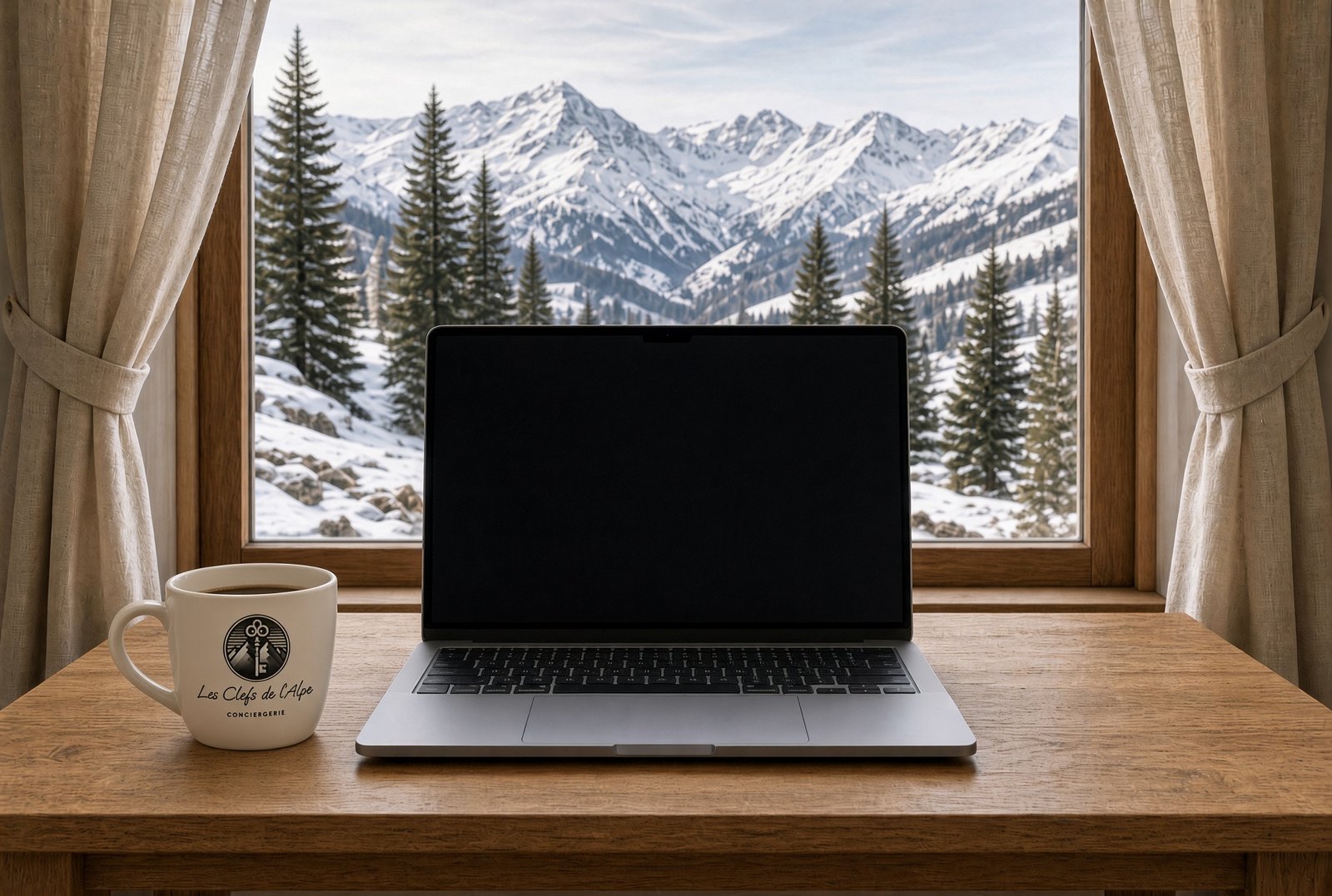 MacBook Pro sur la table, face aux pistes de l’Alpe d’Huez